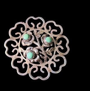 Vintage Mexico Sterling Silver And Green Glass Openwork Brooch